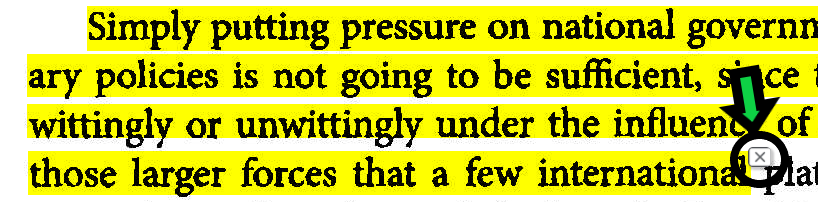 A mouse cursor hovers over highlighted text. At the end of the highlighted text is a box with an X in it. 