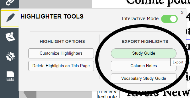 the notes pop up screen with the export notes section highlighted