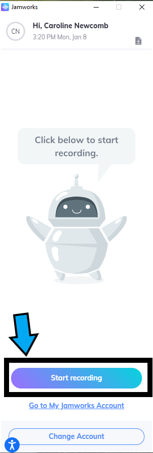 The Jamworks app screen. At the bottom of the screen, there is a blue button to begin recording