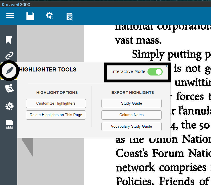 the kurzweil highlighting tab is open and the toggle button for interactive mode is on