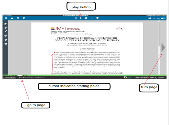 A document is open in kurzweil. The play button is at the top of the screen. The turn page buttons are on the left and right ides of the document. The cursor indicates where the computer will begin reading from. There is a textbox at the bottom left where you can type the page you wish to navigate to. 