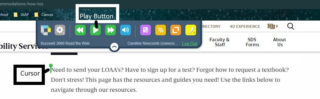 A screen that is ready to read. An arrow points to the cursor, indicating where reading will begin. Another arrow points to the play button.