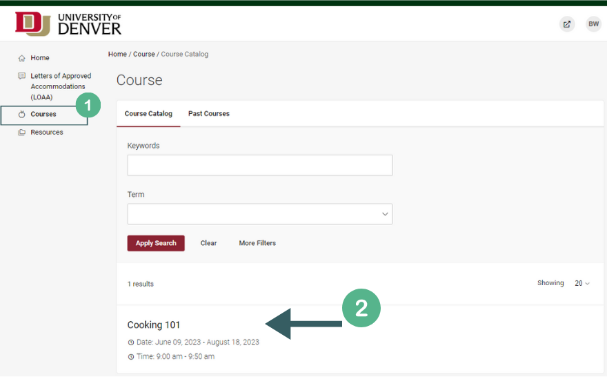 The accommodate portal. The course tab on the left is highlighted with a number 1 next two it and there is an arrow pointing to the courses the populated with a 2 next to it
