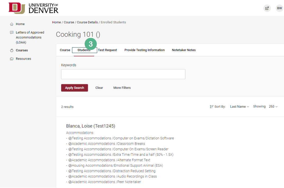 The courses tab in the accommodate portal. A course has been selected and the accommodations for a (fake) student are listed